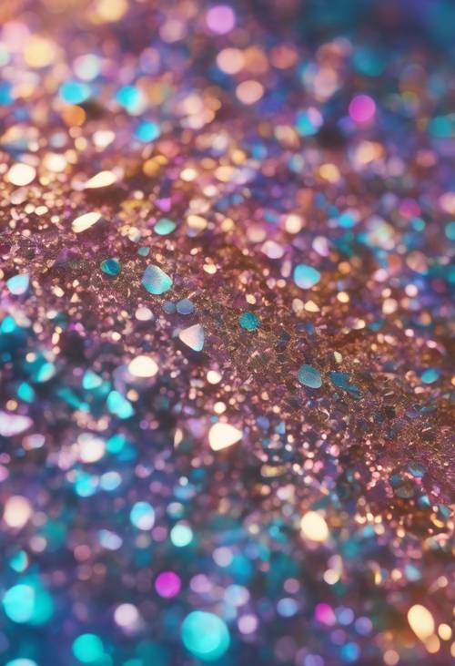 Close up view of opalescent, holographic glitter forming a cool-toned pattern.