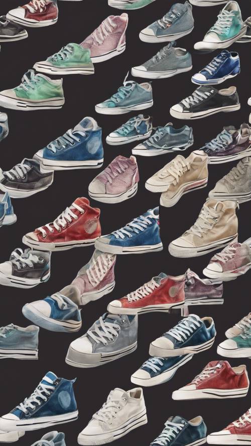 A cool and fashionable sequence of sneakers aligned in a repeating pattern.