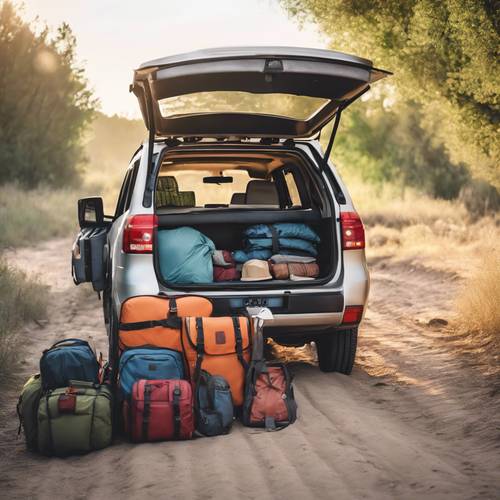 A family-sized SUV packed with luggage and camping gear on a dirt road.