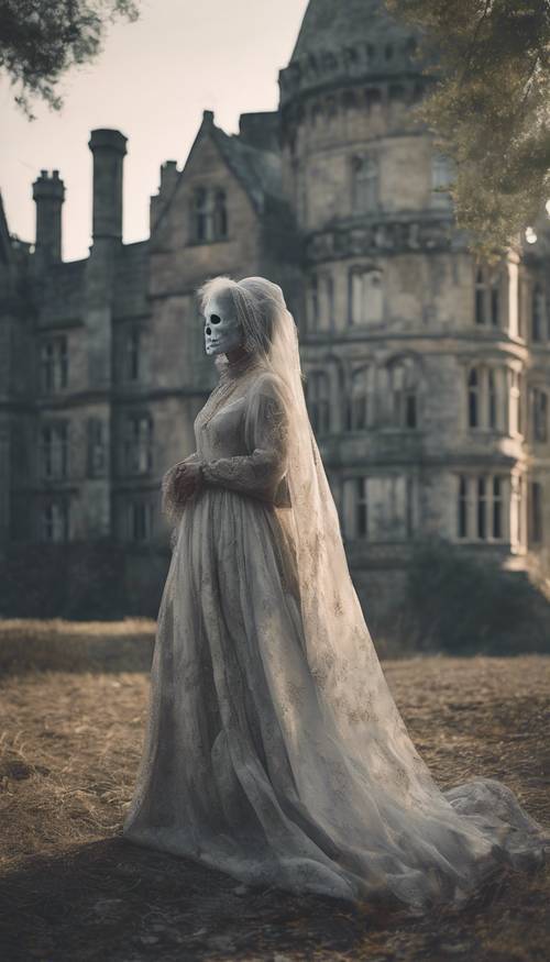 A Victorian age lady ghost dressed in a faded gown wandering around a deserted castle.
