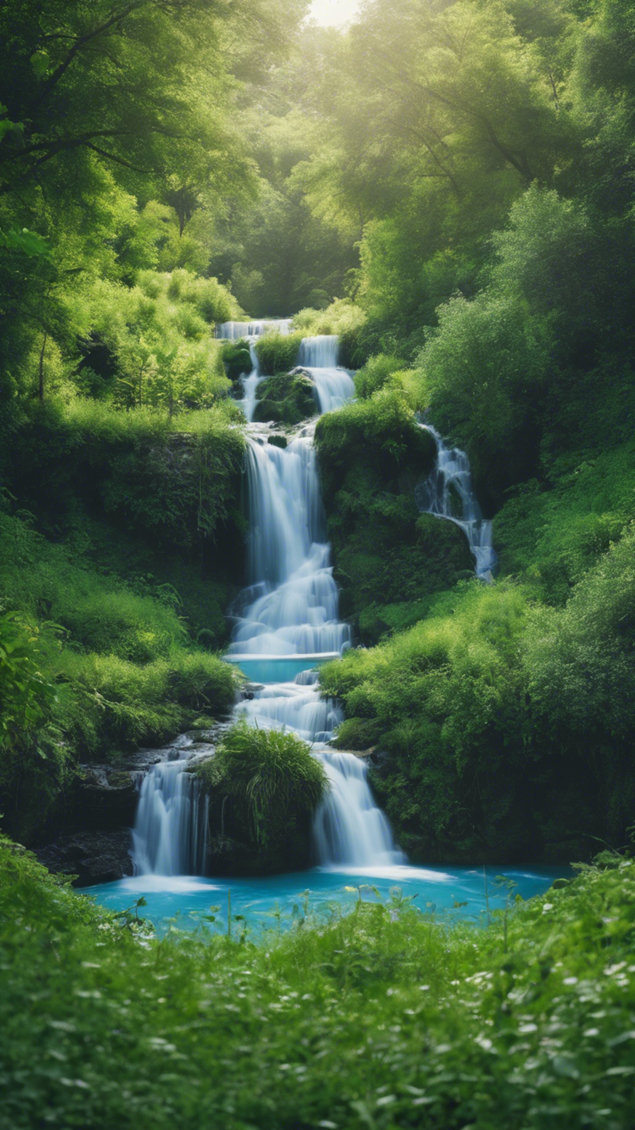 A cool blue waterfall cascading into a lush green meadow. ផ្ទាំង​រូបភាព[661f80b9c31c460db5eb]
