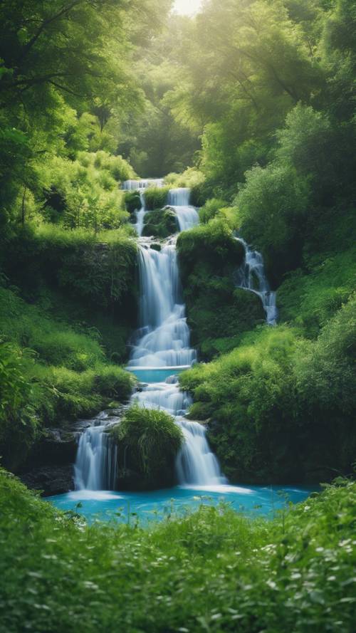 Una fresca cascata blu che precipita in un prato verde lussureggiante.