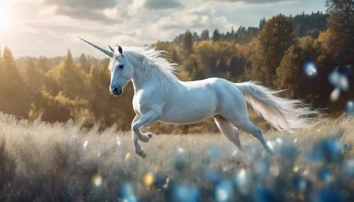 Büyülü bir manzara boyunca dörtnala koşan, parıldayan mavi yeleli görkemli beyaz bir tek boynuzlu at.