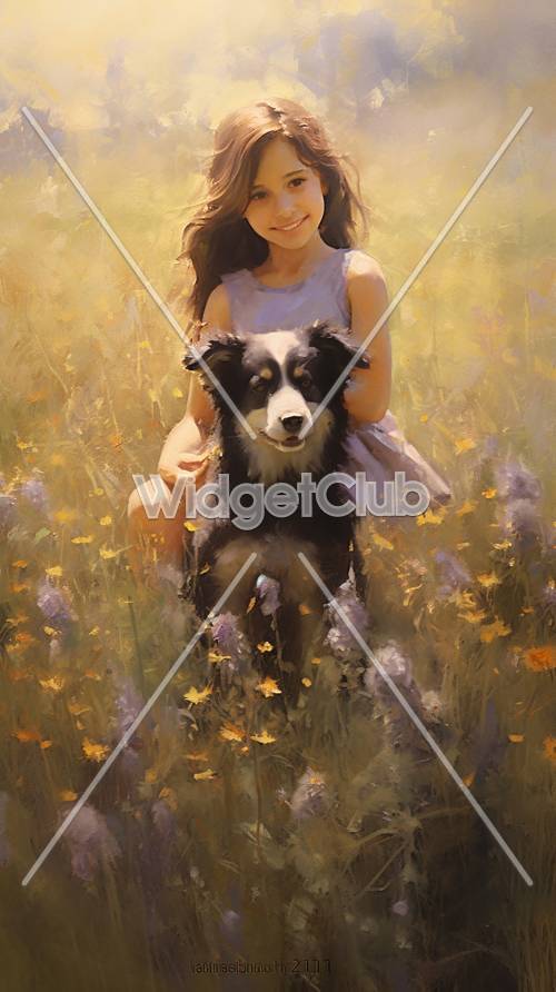 晴れやかな花畑で遊ぶ女の子と犬の壁紙
