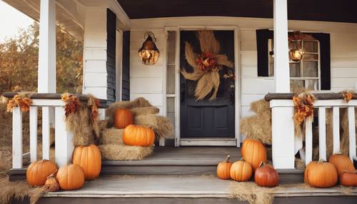 Eine altmodische Veranda mit Schaukelstühlen, geschmückt mit Heuballen und Kürbissen, die an eine Thanksgiving-Feier im ländlichen Stil erinnert.