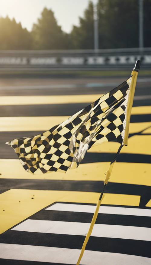 A bright yellow checkered flag waving in the wind at the finish line of a race track Tapet [cba52a08a35d483e9a3b]