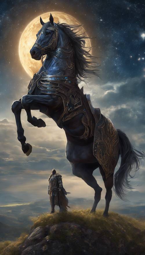 Yıldızlı bir gökyüzünün altındaki bir tepede muzaffer bir şekilde duran, parlayan rünler ve fantastik zırhlarla süslenmiş kara bir at.
