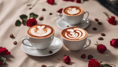 Hai tách cà phê cappuccino với thiết kế nghệ thuật bằng bọt có hình một bông hồng đỏ, đặt trên bề mặt màu be.