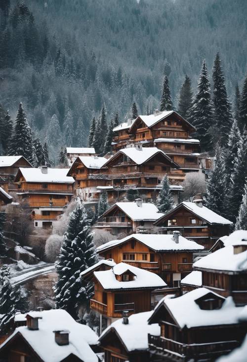 A sleepy alpine village with snow-covered roofs, steep meandering paths and tall Christmas trees.