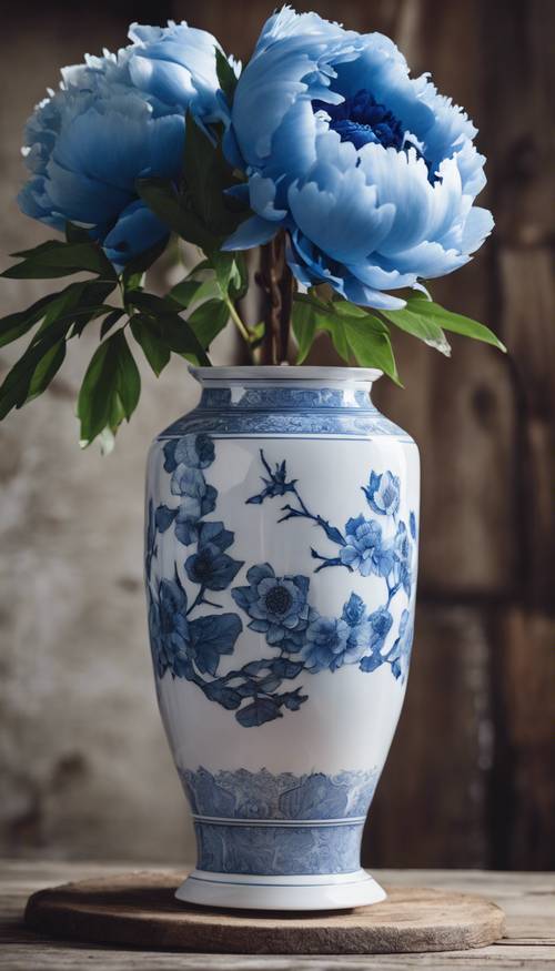 Peony biru dalam vas porselen putih di atas meja kayu pedesaan.