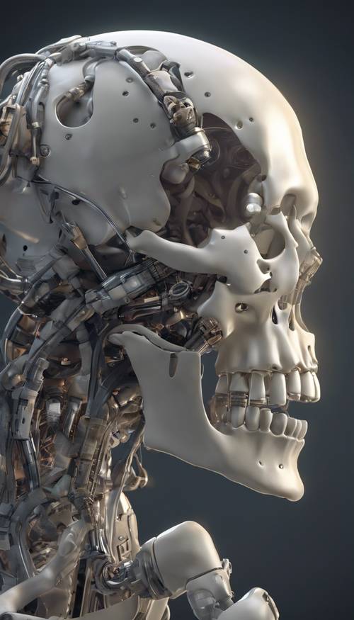 A 3D skull tightly clutched in the hand of a robotic arm, showcasing the struggle between life and artificial intelligence. Wallpaper [887e105b403b481b8f0b]