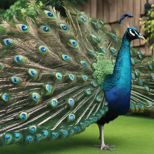 Tamamen egzotik mavi ve yeşil çiçeklerden yapılmış tüylere sahip bir tavus kuşu.