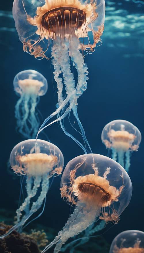 A group of transparent jellyfish glowing in the deep, serene blue sea.