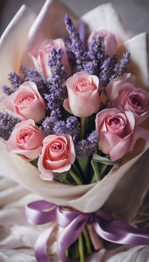 A bouquet of roses, tulips, and lavender wrapped in a silk ribbon for a romantic proposal.