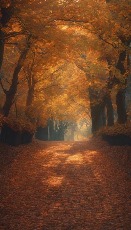 مسار غابة مورقة، مغطى بالكامل بفسيفساء من أوراق الخريف الملونة، تمامًا مع حلول الغسق.