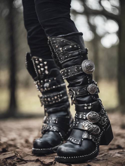一双黑色的哥特式靴子，饰有银色的扣环和饰钉。