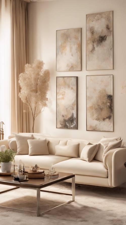 Eine Draufsicht auf ein prachtvoll gestaltetes Wohnzimmer, dessen Elemente alle in bezaubernden Cremetönen gehalten sind. Das Arrangement umfasst ein stilvolles cremefarbenes Sofa mit weichen Kissen, einen cremefarbenen Teppich, passende Vorhänge und cremefarbene Wände, die mit eleganten Gemälden geschmückt sind.