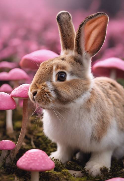 핑크색 버섯을 호기심 어린 냄새로 킁킁거리는 토끼의 모습.