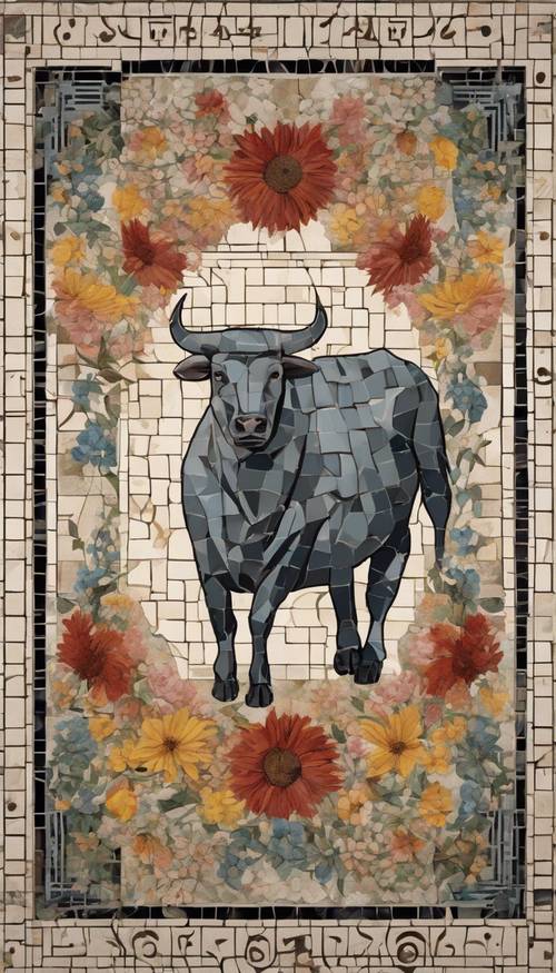 Mosaik Romawi kuno yang menggambarkan lambang zodiak Taurus, dengan seekor banteng kuat yang dikelilingi bunga musim semi pada latar belakang berpola geometris.