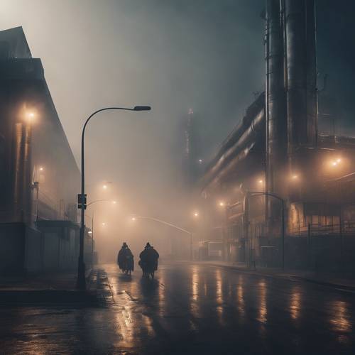 An industrial cityscape with gothic influences enveloped in a foggy night. Tapeta [94f4633b9d03448dbe6e]