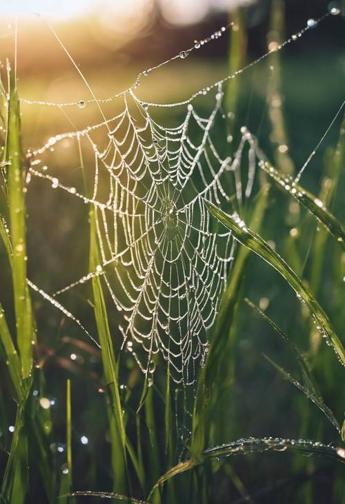 一张沾满露珠的精致蜘蛛网散落在清晨的草叶上。