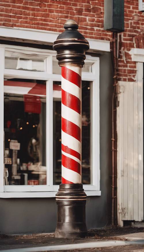 An aged barber pole with red and white stripes standing in front of an old barbershop at sunset.