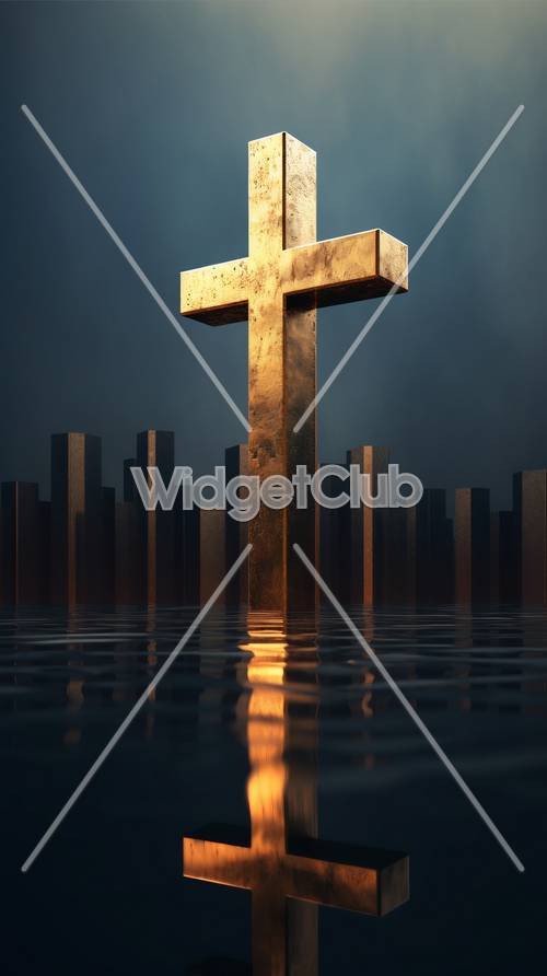 Golden Cross Over Reflective Water with Cityscape