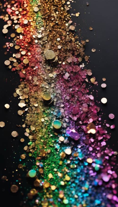 Glitter arco-íris espalhado erraticamente em um fundo preto.