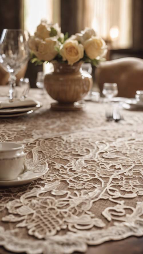 An intricately detailed beige lace tablecloth on an antique oak dining table set for a family dinner.