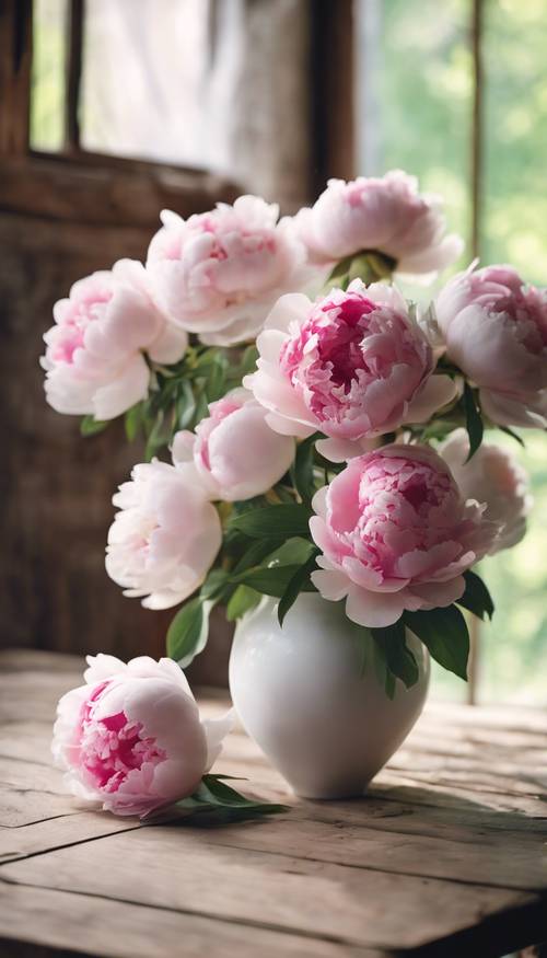 A white vase with fresh pink peonies on a rustic wooden table on a quiet, sunny day.
