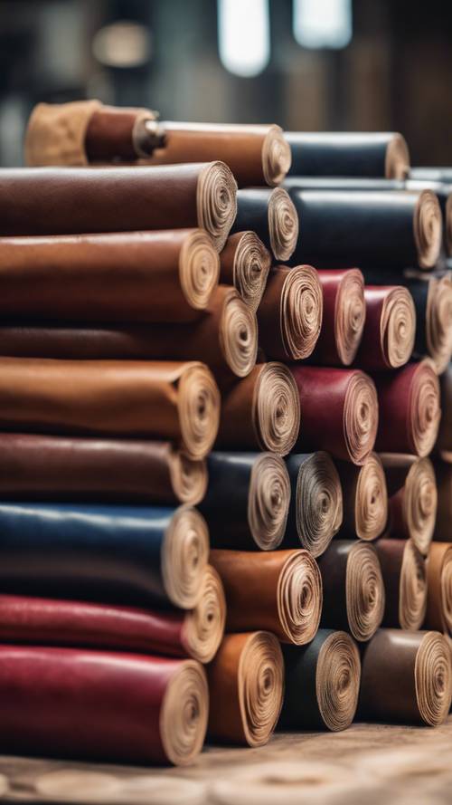 An artistic composition featuring several rolls of raw, colorful leather ready to be crafted into products.