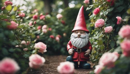 Uno gnomo da giardino nascosto tra imponenti cespugli di rose vintage in un vecchio giardino inglese.