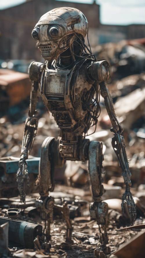 Một sinh vật robot ngoài hành tinh đang nhặt rác trong một bãi phế liệu ở ngoại ô một thành phố đen tối.