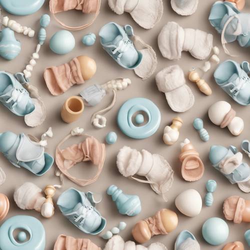 A seamless pattern incorporating cute baby elements like pacifier, baby booties, and rattles