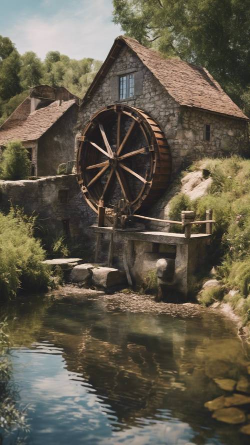 Kincir air tua yang menawan, terletak di jantung lanskap pedesaan Prancis yang tenang.