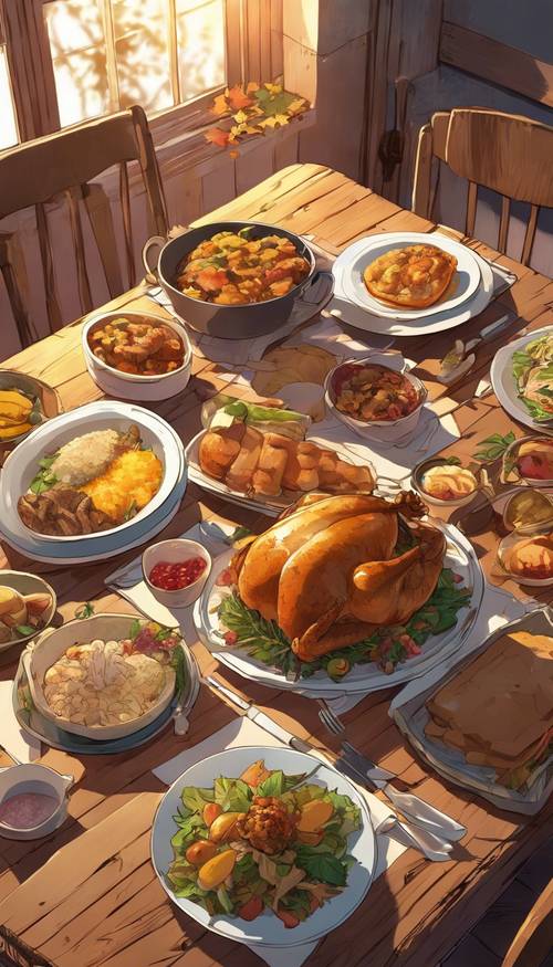 Tradycyjny posiłek na Święto Dziękczynienia na drewnianym stole w stylu anime, w ciepłym wieczornym świetle. Tapeta [661d2dd397644cdba2c8]