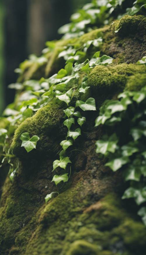 Tanaman merambat ivy yang indah merambat di atas batu berlumut hijau muda