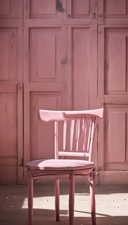 파우더리한 햇빛이 스며드는 세련되고 소박한 분위기에 놓여 있는 분홍색 나무 의자 사진입니다.
