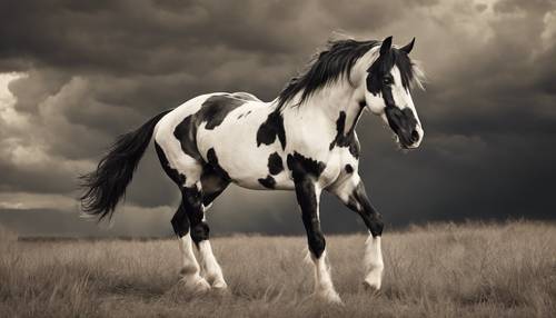 Foto sepia vintage de un majestuoso caballo pintado en blanco y negro que se alza contra un telón de fondo tormentoso.