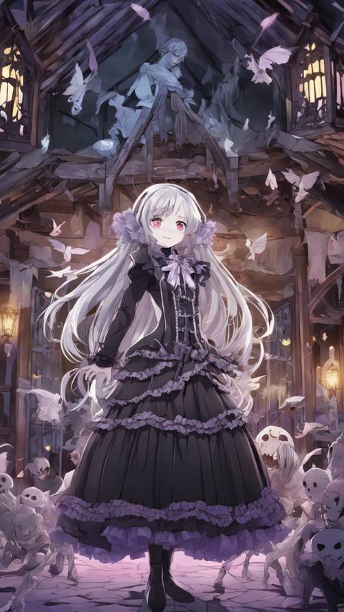 Una chica anime sonriente con cabello plateado y ojos violetas con un traje con volantes de inspiración gótica, rodeada de fantasmas en una casa embrujada.