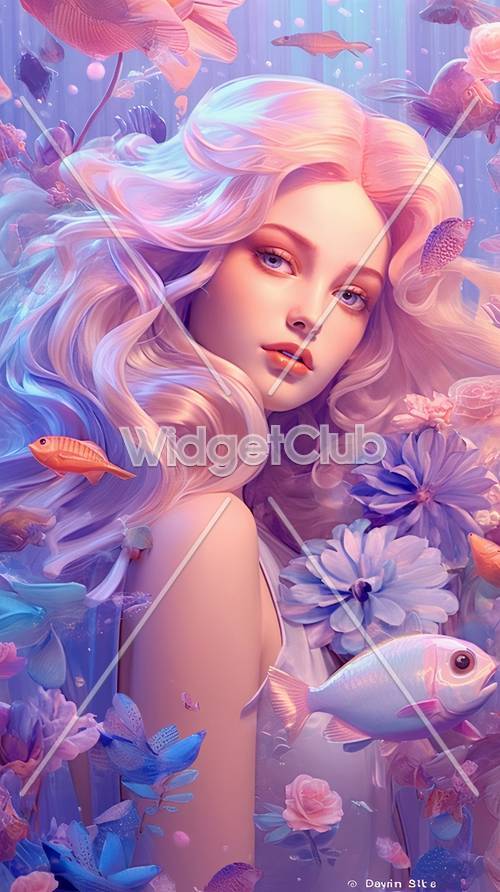 الخيال المسحور تحت الماء مع الأسماك والزهور الملونة