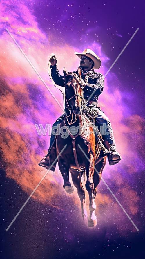 Cowboy Riding Horse in Colorful Sky Background