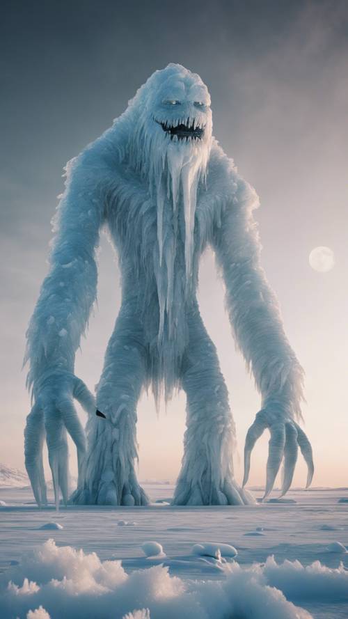 Yukarıdaki dolunay ışığında yakalanan, donmuş bir manzaranın üzerinde yükselen bir buz canavarı.