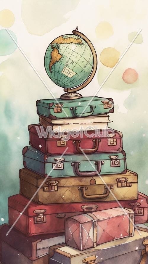 一堆手提箱和書籍，上面有一個地球儀