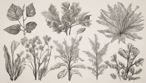 Eine detaillierte Skizze einer botanischen Pflanze mit jeder ihrer komplizierten Adern, die Linien sind weich und detailliert vor einem neutralen Hintergrund. Hintergrund [46679c243d3a40028e75]