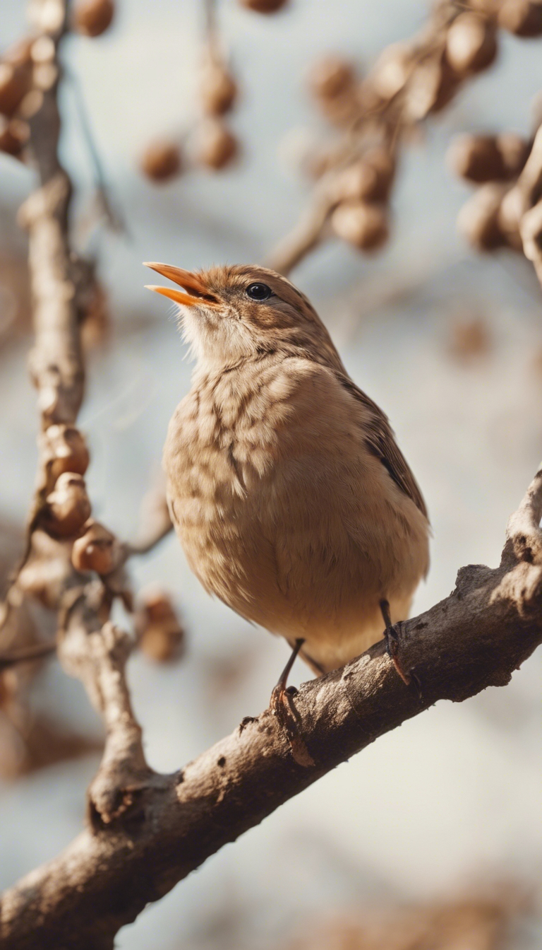 A charming light brown bird perched on a tree branch, singing blissfully. Tapeta[5b4b27520a2e4b5c823d]