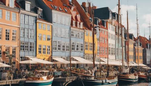 Majestic view of the Nyhavn harbor with pastel-colored townhouses and sailing boats featured prominently.