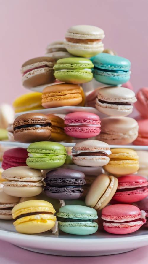 A close-up view of a colorful assortment of French macarons on a white porcelain plate.