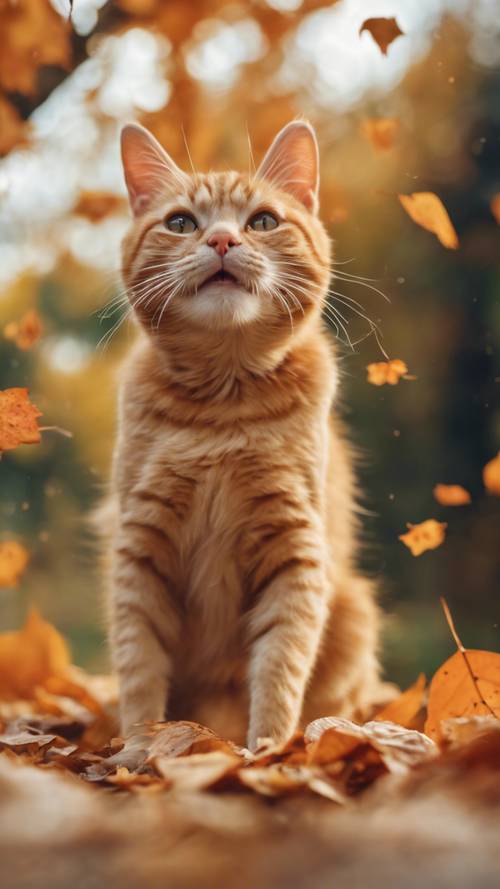 A detailed artwork of an orange tabby cat with a mischievous expression, playfully batting at falling autumn leaves in a scenic countryside.