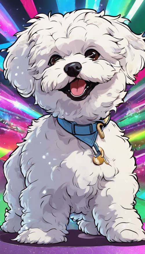 Anime-style rendering of a playful Bichon Frise puppy doing a funny dance.